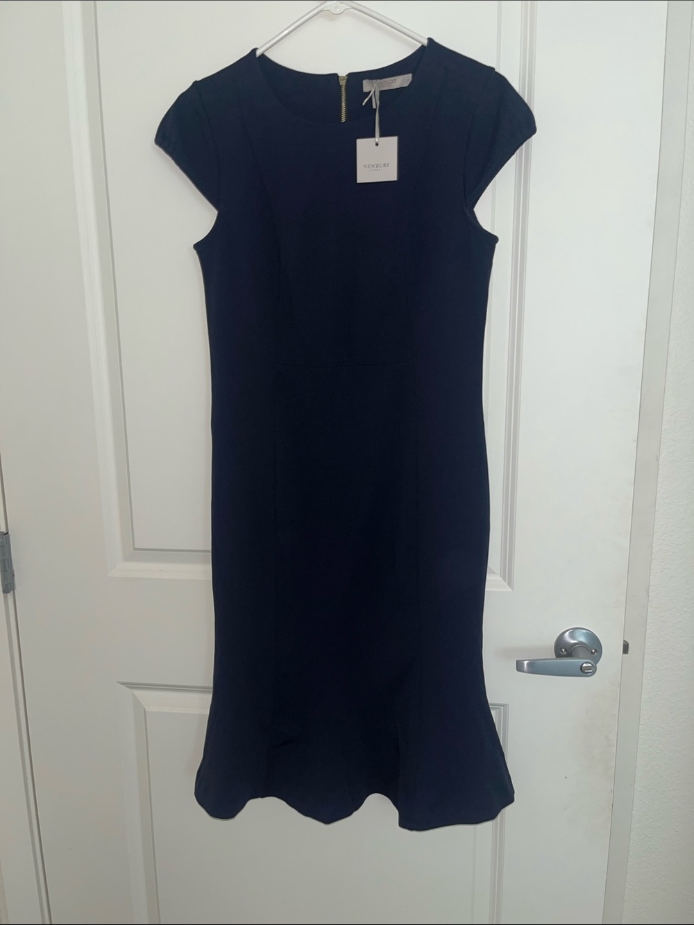 Elegant Blue Navy Cap-Sleeve Midi Dress
